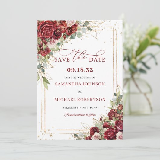 おしゃれな深紅のメルローのゴールド幾何学模様のSave the date セーブザデート (スタンド正面)