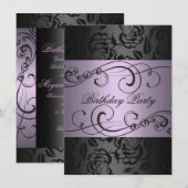 おしゃれな渦巻き ブラック&パープル ローズ 誕生日招待状 招待状 (正面/裏面)