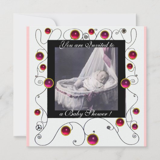おしゃれな渦巻き ベビーシャワー モノグラム, フォトテンプレート 招待状 (正面)