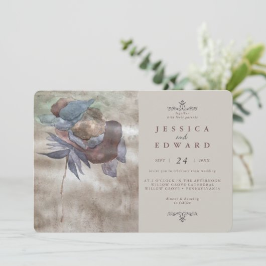 おしゃれな焼き込みオンブレ水彩花写真ウェディング 招待状 (スタンド正面)