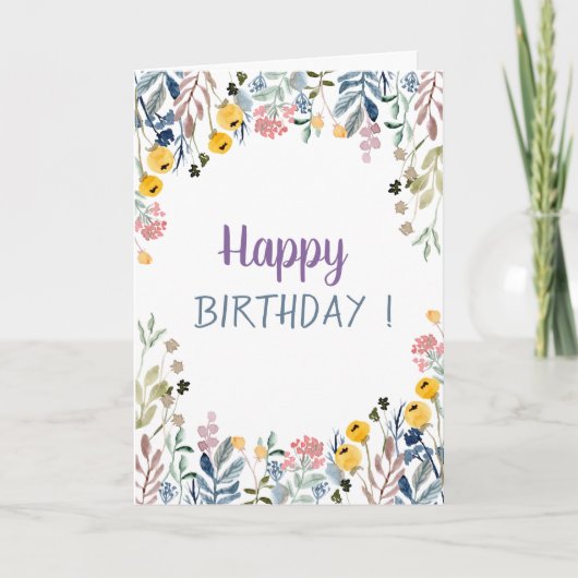 おしゃれな牧草地の花の誕生日 カード (正面)
