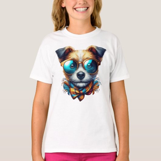 おしゃれな犬のサングラス姿 モダンなペットアート Tシャツ (正面)