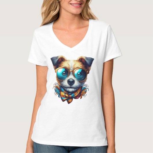 おしゃれな犬のサングラス姿 モダンなペットアート Tシャツ (正面)