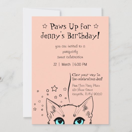 おしゃれな猫の誕生日お祝い 招待状 (正面)