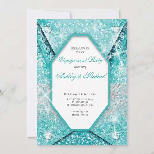 おしゃれな現代的なターコイズの輝きあるクラス感のあるグリッター 招待状 (裏面)