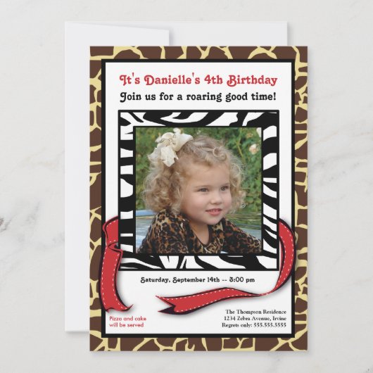 おしゃれな現代的な動物プリントの写真付き誕生日 招待状 (正面)