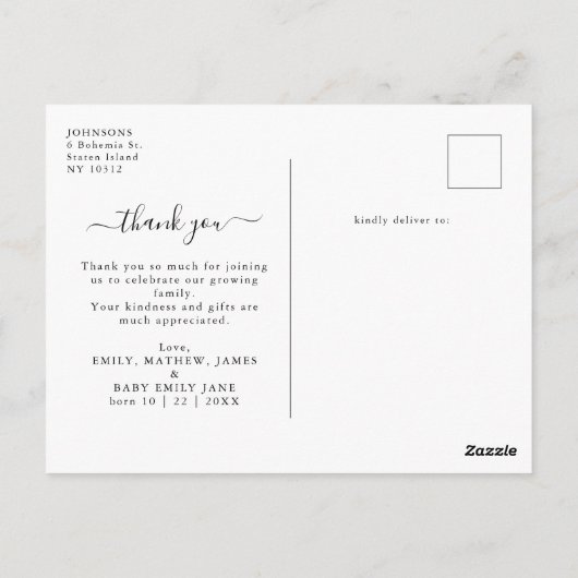 おしゃれな現代風 4枚の写真 ベイビーシャワーのお礼 ポストカード (裏面)