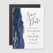 おしゃれな瑪瑙デザインのネイビーブルーシルバー磁石式Save the Date (正面/裏面)