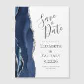 おしゃれな瑪瑙デザインのネイビーブルーシルバー磁石式Save the Date (正面)