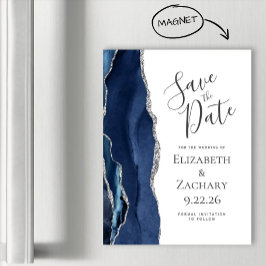おしゃれな瑪瑙デザインのネイビーブルーシルバー磁石式Save the Date