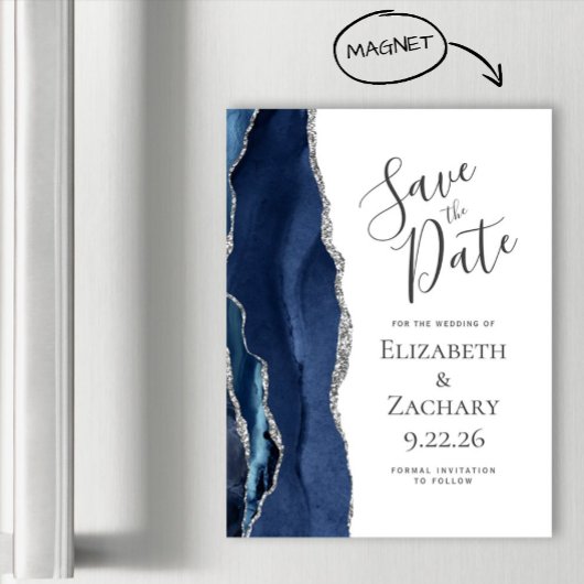 おしゃれな瑪瑙デザインのネイビーブルーシルバー磁石式Save the Date