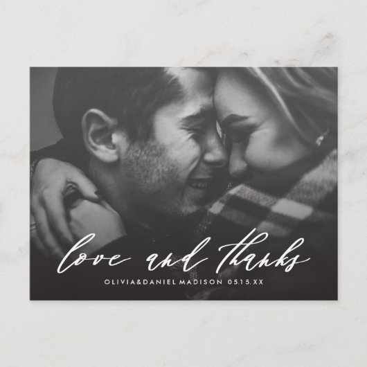 おしゃれな白いカリグラフィーの結婚式の写真への感謝 ポストカード (正面)