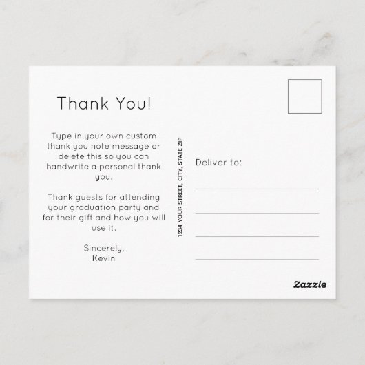 おしゃれな白いスクリプトで「ありがとう」写真付き卒業メッセージカード ポストカード (裏面)