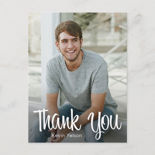 おしゃれな白いスクリプトで「ありがとう」写真付き卒業メッセージカード ポストカード (正面)