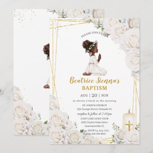 おしゃれな白い花の洗礼 誕生日の祈りの少女 招待状 (正面/裏面)