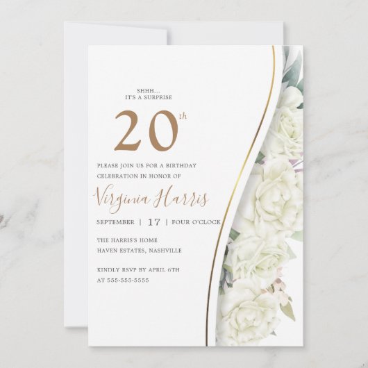 おしゃれな白い花の20歳の誕生日 招待状 (正面)