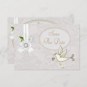 おしゃれな白い鳩のペイズリーのレース　　保存の日 招待状 (正面/裏面)