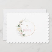 おしゃれな白とピンクの花のゴールドの女の子の写真の洗礼 招待状 (裏面)