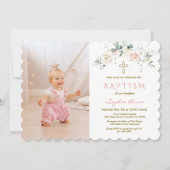 おしゃれな白とピンクの花のゴールドの女の子の写真の洗礼 招待状 (正面)