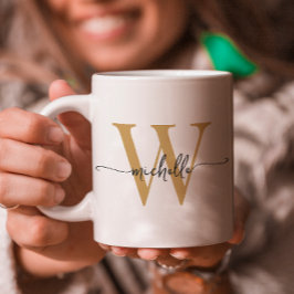 おしゃれな白と金のモノグラム名前スクリプト コーヒーマグカップ