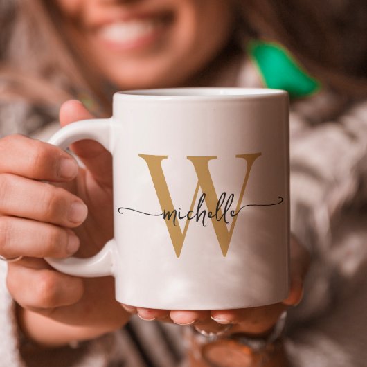 おしゃれな白と金のモノグラム名前スクリプト コーヒーマグカップ