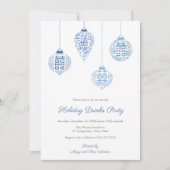 おしゃれな白と青のホリデーオーナメント ドリンクパーティー 招待状 (正面)