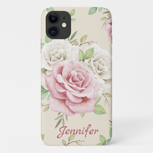 おしゃれな白ピンクのバラ 緑の葉 花柄 Case-Mate iPhoneケース (裏面)