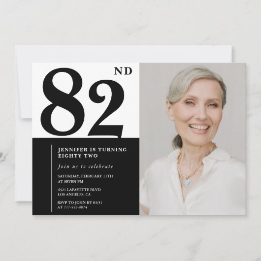 おしゃれな白黒写真 82歳の誕生日 招待状 (正面)