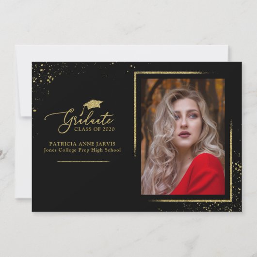 おしゃれな祝祭的な卒業発表ゴールドグリッター写真 招待状 (正面)