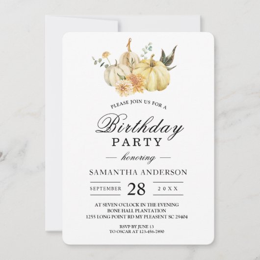 おしゃれな秋の水彩画のパンプキンと花 招待状 (正面)