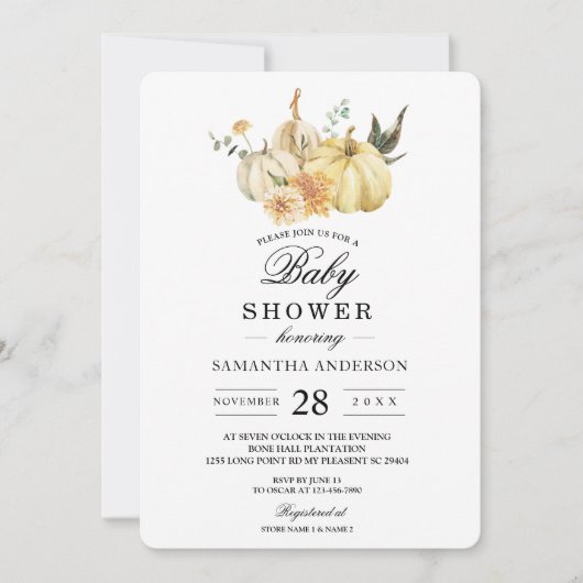 おしゃれな秋の水彩画のパンプキンと花 招待状 (正面)