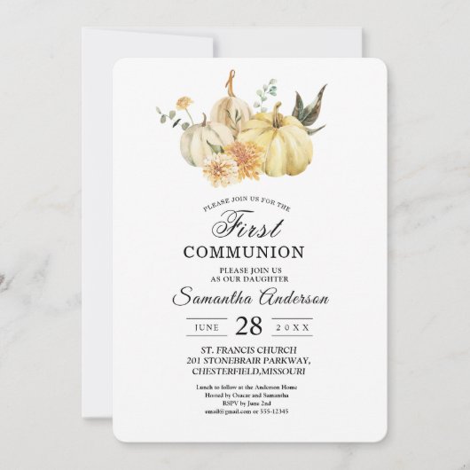 おしゃれな秋の水彩画のパンプキンと花 招待状 (正面)