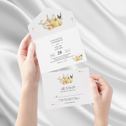 おしゃれな秋の水彩画パンプキン＆フラワー オールインワン招待状