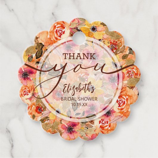 おしゃれな秋の花のブライダルシャワーのお礼 フェイバータグ (正面)