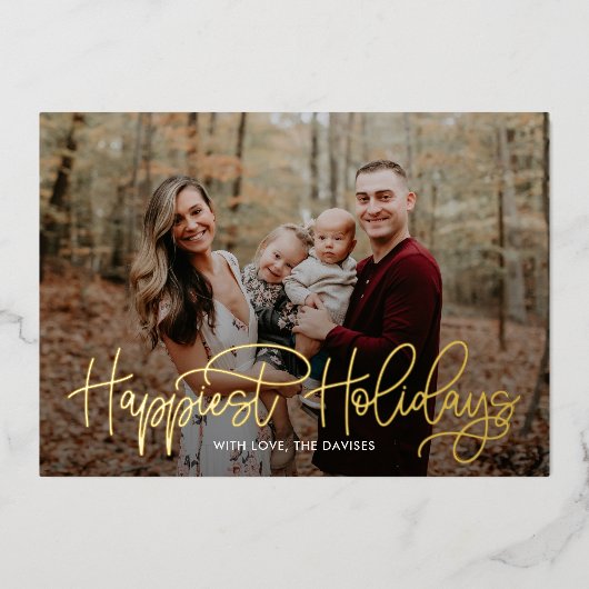 おしゃれな筆記体の最も幸せなホリデーカード 箔シーズンカード (正面)