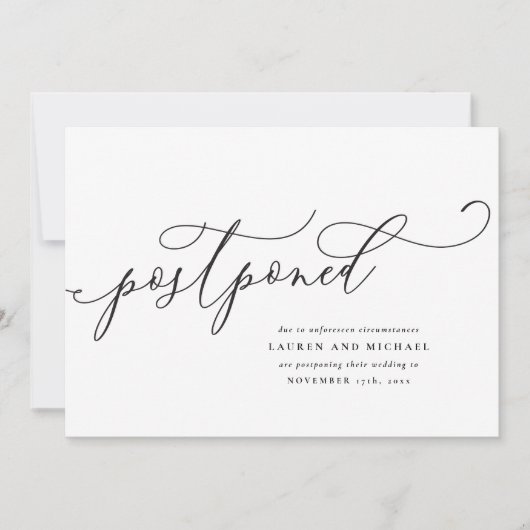 おしゃれな筆記体延期カード 日程変更 招待状 (正面)
