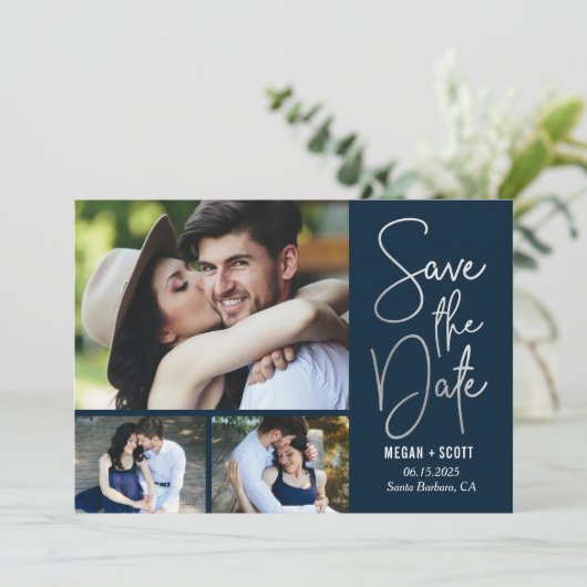 おしゃれな筆記体編集可能カラー Save The Date カード (スタンド正面)