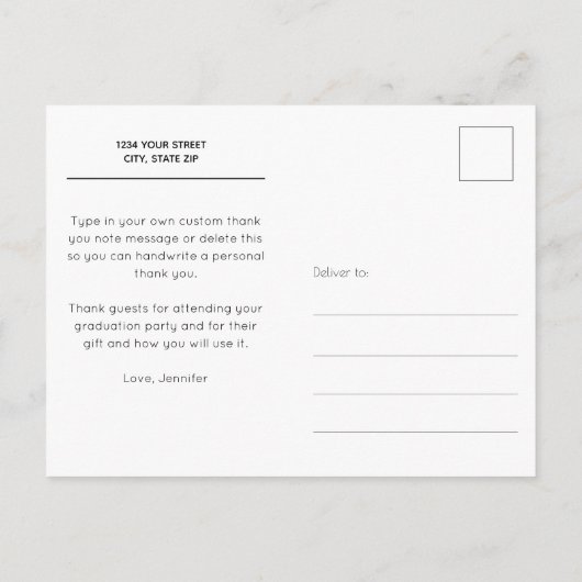 おしゃれな筆記体 感謝の写真 卒業 ポストカード (裏面)