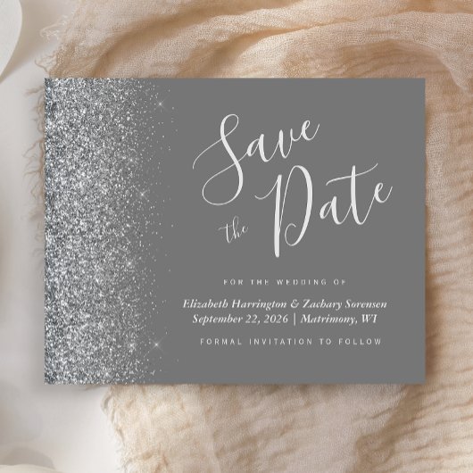 おしゃれな節約ウェディング・セーブ・ザ・デート（グレー・シルバー・グリッター）