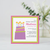 おしゃれな紫とピンクのケーキの誕生日招待状 招待状 (スタンド正面)