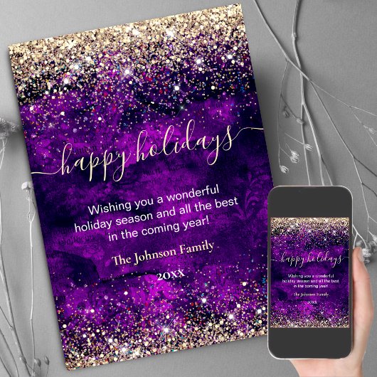 おしゃれな紫と金のクリスマス新年の挨拶 カード