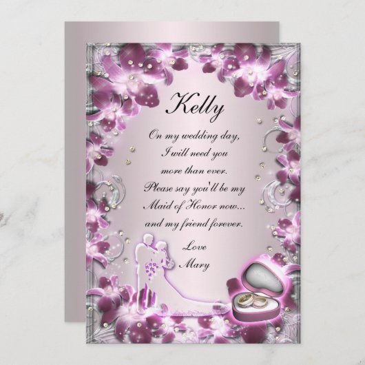 おしゃれな紫の花のメイドオブオナーカード 招待状 (正面/裏面)