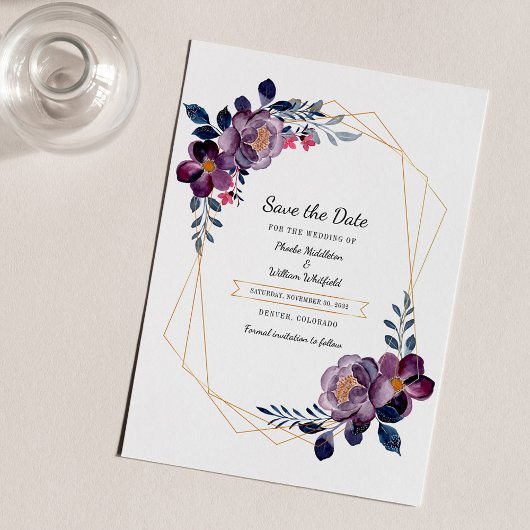 おしゃれな紫の花柄ジオメトリックフレーム・Save The Date チラシ