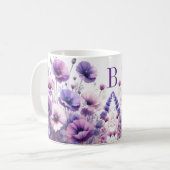 おしゃれな紫の花柄モノグラムハイビスカスマグ コーヒーマグカップ (正面左)