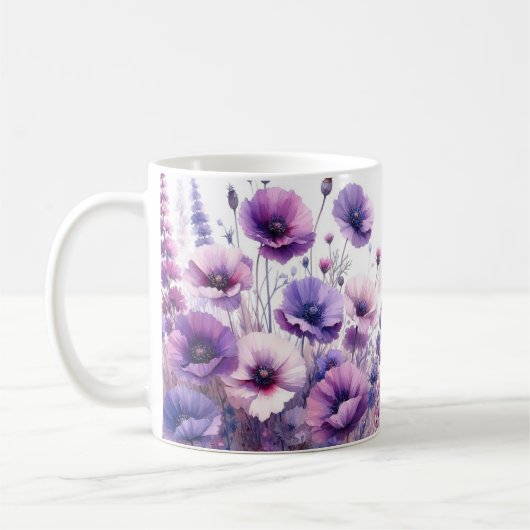 おしゃれな紫の花柄モノグラムハイビスカスマグ コーヒーマグカップ (左)