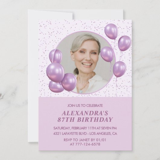 おしゃれな紫の風船の写真 87歳の誕生日 招待状 (正面)