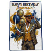 おしゃれな紳士のマスタードとネイビーの誕生日 ミディアムペーパーバッグ (正面)