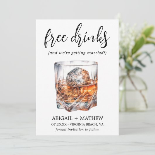 おしゃれな結婚式にぴったり！ユーモアあふれるウイスキーカクテル ドリンク フォト セーブザデート (スタンド正面)