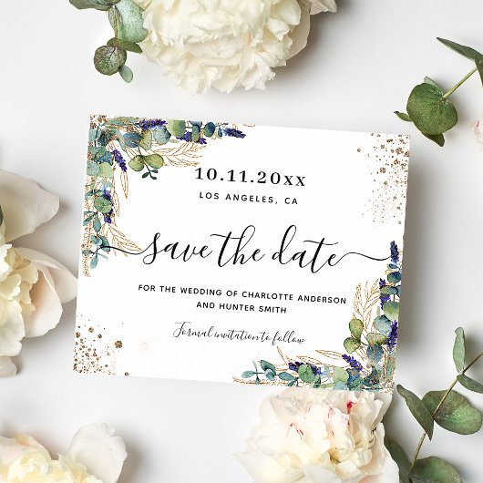 おしゃれな結婚式のユーカリ ゴールドのSave the Date