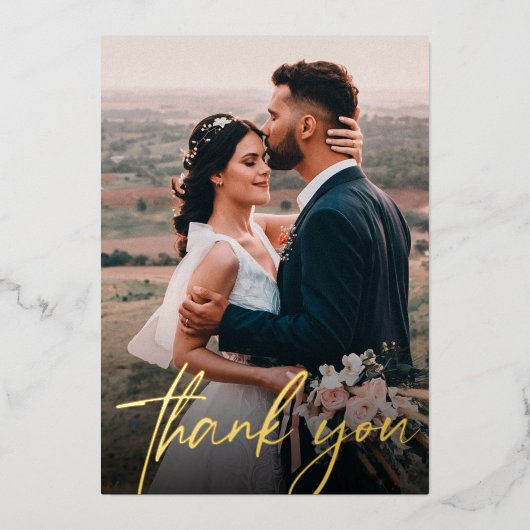 おしゃれな結婚式の写真、ありがとうの台本 モダン 箔招待状 (正面)